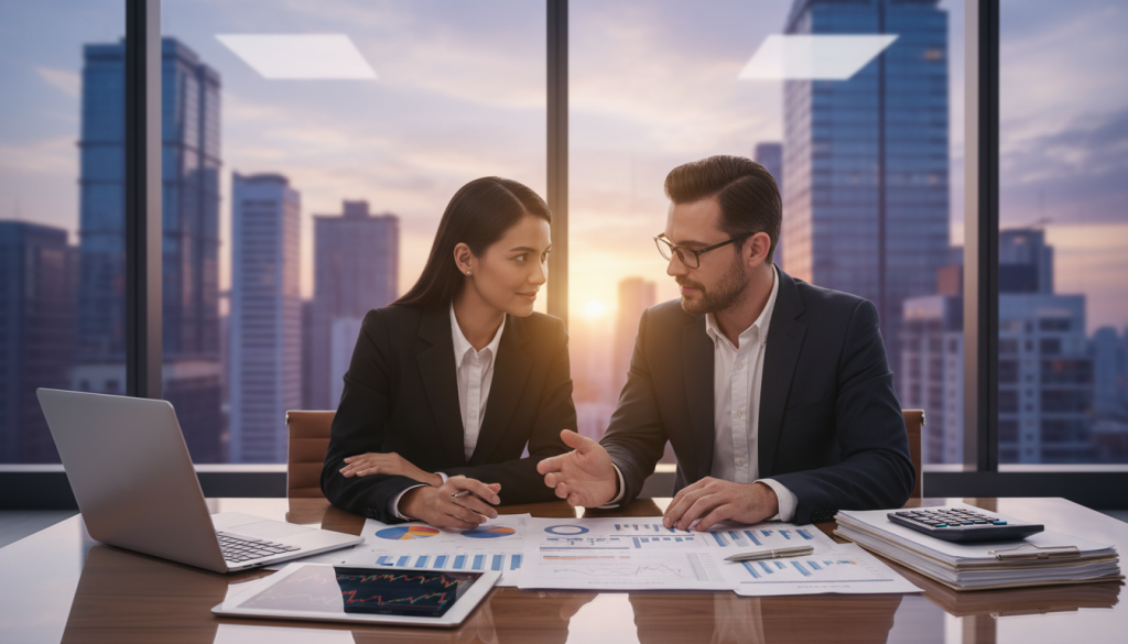 A professional-looking couple, dressed in smart business attire, sits across a modern desk, analyzing financial statements and discussing strategies. The foreground features a sleek laptop and financial documents, symbolizing the management of money. In the middle, the couple is engaged in a focused conversation, embodying trust and collaboration. The background shows a sophisticated office with a large window revealing a city skyline, bringing in natural light that casts a warm glow over the scene. The overall atmosphere conveys confidence and empowerment, highlighting the psychological aspects of financial control and partnership dynamics. Use soft, diffused lighting to create a calm yet stimulating mood, emphasizing the seriousness of their discussion.