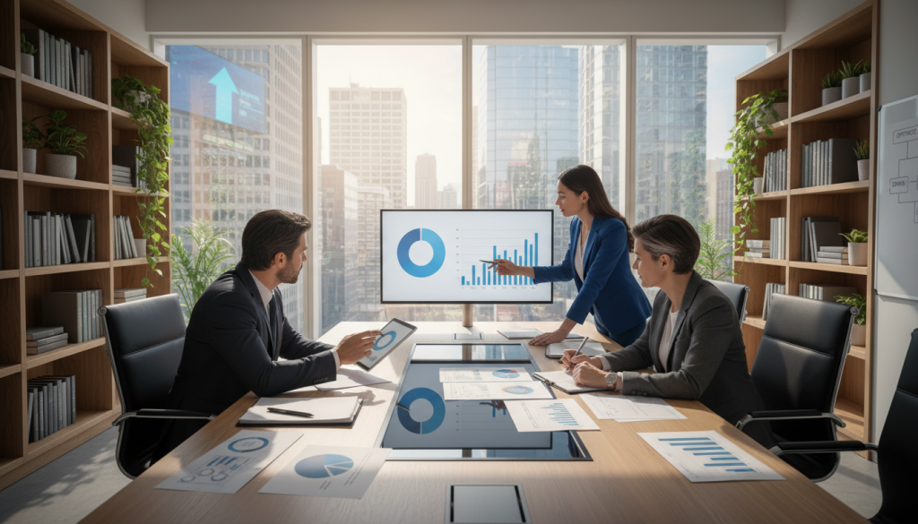 A professional office setting depicting effective resource management. In the foreground, a diverse group of three business professionals – a man in a tailored suit, a woman in a smart blazer, and a middle-aged individual in a stylish yet formal outfit – are engaged in a focused discussion around a table covered with charts, graphs, and financial documents. The middle ground features a large window showcasing a city skyline, with natural light pouring in, casting soft shadows across the room. In the background, there are shelves filled with books and plants, creating a calming atmosphere. The mood conveys collaboration and clarity, emphasizing the importance of strategic resource allocation for prosperity. Use a wide-angle lens to capture the dynamic environment, ensuring the space feels open and inviting.