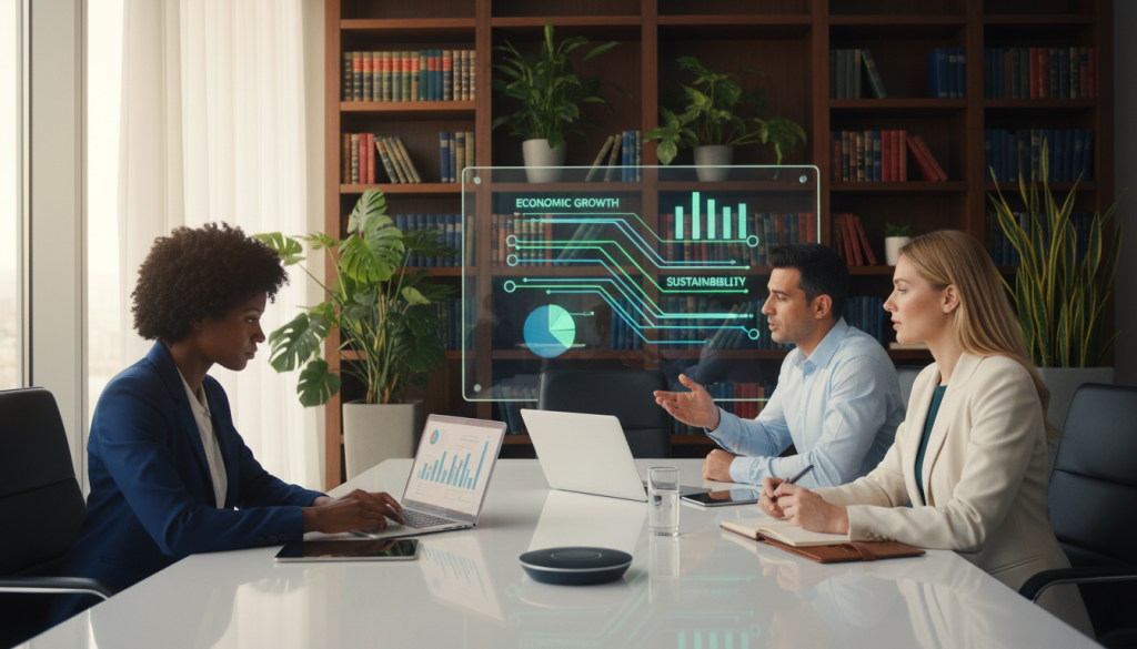 A professional office setting featuring a diverse group of three individuals engaged in a resource management strategy meeting. In the foreground, a Black woman in a smart business suit analyzes charts on a laptop. In the middle ground, a Hispanic man is discussing a flowchart displayed on a digital screen, projecting growth and stability. A Caucasian woman takes notes, emphasizing collaboration. The background includes shelves filled with financial books and plants, enhancing a sense of calm and productivity. Soft, natural lighting streams through large windows, creating an inviting atmosphere. The overall mood is focused and proactive, reflecting long-term resource management and economic potential. The angle captures the team in action, illustrating teamwork and professionalism without any visible distractions or text.