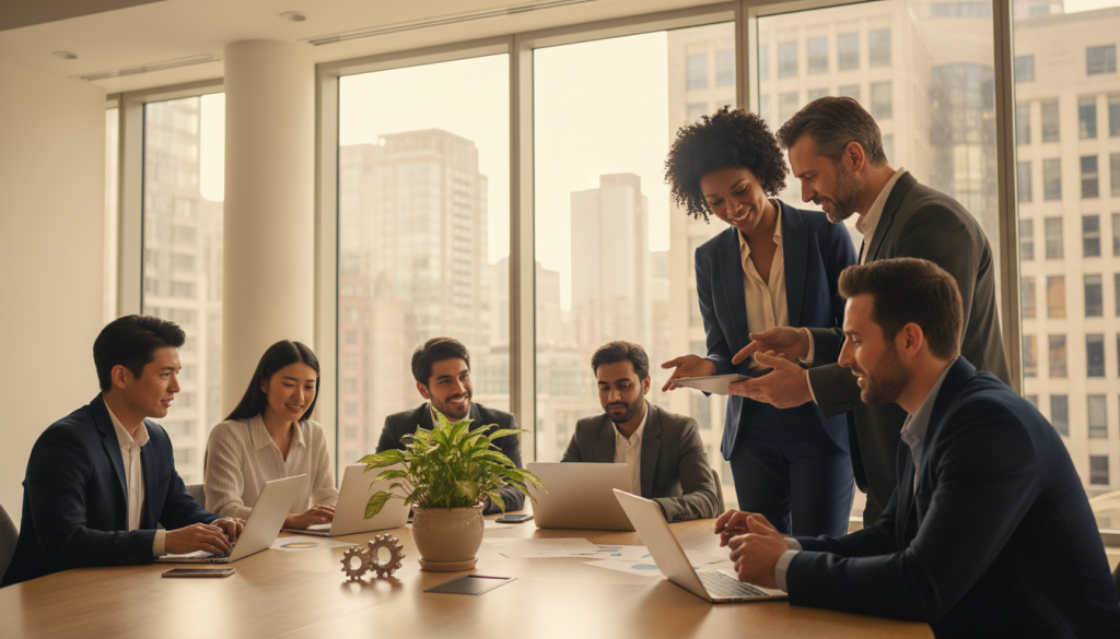 A professional setting depicting a diverse group of individuals engaged in a collaborative work environment, showcasing empathy and teamwork. In the foreground, two professionals, one male and one female, are actively discussing ideas, both wearing smart business attire. The middle layer features a round table with documents, laptops, and a plant, symbolizing growth and prosperity. In the background, large windows illuminate the room with soft, natural light, creating an inviting atmosphere. A warm color palette enhances the feeling of connection and positivity. The scene conveys a sense of unity, mutual support, and a shared vision for success, emphasizing the impact of empathy on professional growth and financial prosperity.