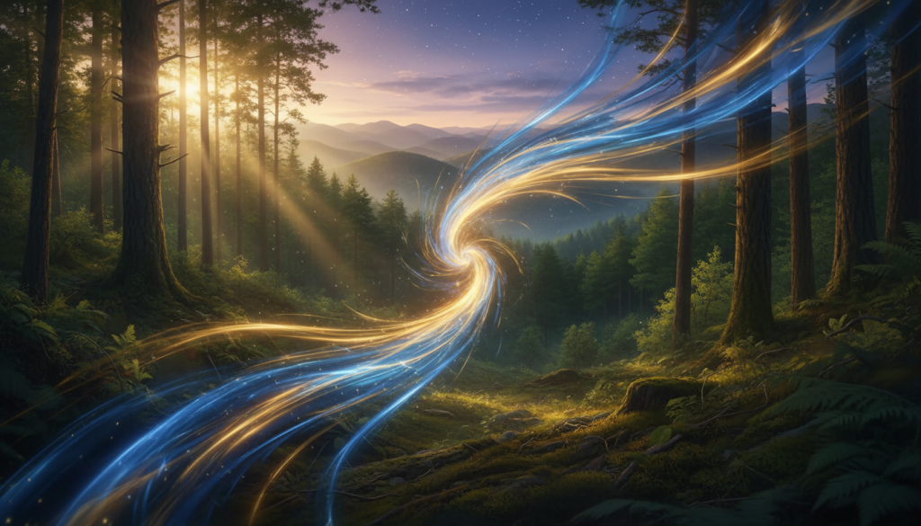 A radiant burst of energy depicted as ethereal swirling colors of blue and gold, emanating from a central point in the foreground. In the middle ground, soft beams of light filter through a lush green forest, creating a mystical atmosphere. The background features gently rolling hills that fade into a serene twilight sky, sprinkled with stars. The overall mood is one of calm yet vibrant dynamism, evoking a sense of potential and rejuvenation. The lighting is warm and inviting, with a focus on the interplay of light and shadow throughout the scene. Capture this dynamic energy in a visually stunning and harmonious composition, without any human figures or distractions, ensuring a clear representation of the theme. A radiant burst of energy depicted as ethereal swirling colors of blue and gold, emanating from a central point in the foreground. In the middle ground, soft beams of light filter through a lush green forest, creating a mystical atmosphere. The background features gently rolling hills that fade into a serene twilight sky, sprinkled with stars. The overall mood is one of calm yet vibrant dynamism, evoking a sense of potential and rejuvenation. The lighting is warm and inviting, with a focus on the interplay of light and shadow throughout the scene. Capture this dynamic energy in a visually stunning and harmonious composition, without any human figures or distractions, ensuring a clear representation of the theme.