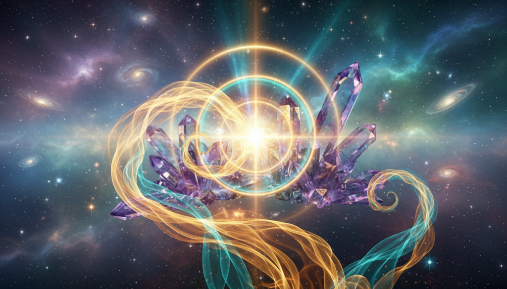 A radiant energy source emanates vibrant light, symbolizing prosperity and personal abundance. In the foreground, abstract flames of golden and teal hues swirl energetically, creating a dynamic sense of movement. The middle ground features crystalline structures, reflecting light in a kaleidoscope of colors, suggesting clarity and potential. In the background, a serene cosmic landscape filled with twinkling stars and soft nebulae adds depth and a sense of infinite possibilities. The scene is illuminated with soft yet striking lighting, emphasizing contours and highlights, while a wide-angle perspective captures the grandeur of the environment. A serene, uplifting atmosphere pervades the image, inviting viewers to feel inspired and invigorated by the essence of wealth and personal strengths.