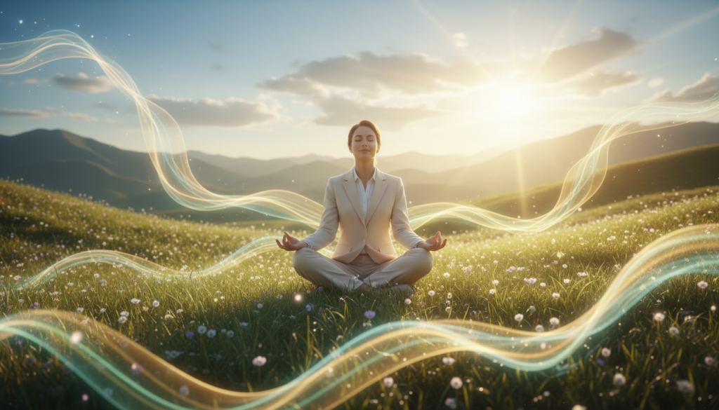 A radiant, ethereal landscape representing the energy of Virgo, with a person in professional attire peacefully meditating on a grassy hilltop. In the foreground, vibrant, flowing streams of light swirl around the figure, symbolizing the powerful and calming energy of Virgo. In the middle ground, lush greenery flourishes, dotted with small, delicate flowers, while gentle rays of sunlight filter through soft, fluffy clouds. The background features distant mountains under a clear blue sky, conveying serenity and stability. The scene is bathed in warm, golden light, enhancing the sense of tranquility and grounding. Capture the essence of harmonious energy and balance, focusing on the interplay of light and nature to evoke a peaceful, uplifting atmosphere. A radiant, ethereal landscape representing the energy of Virgo, with a person in professional attire peacefully meditating on a grassy hilltop. In the foreground, vibrant, flowing streams of light swirl around the figure, symbolizing the powerful and calming energy of Virgo. In the middle ground, lush greenery flourishes, dotted with small, delicate flowers, while gentle rays of sunlight filter through soft, fluffy clouds. The background features distant mountains under a clear blue sky, conveying serenity and stability. The scene is bathed in warm, golden light, enhancing the sense of tranquility and grounding. Capture the essence of harmonious energy and balance, focusing on the interplay of light and nature to evoke a peaceful, uplifting atmosphere.