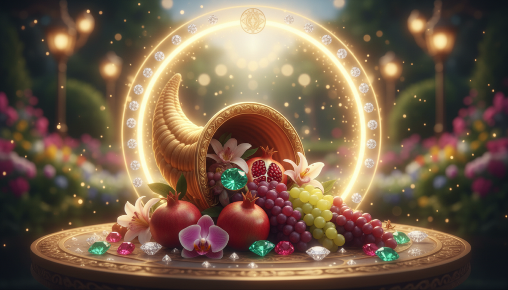 A radiant symbol of abundance, featuring an intricate design that combines elements of nature and wealth. In the foreground, a golden cornucopia overflowing with vibrant fruits, flowers, and gemstones glistening under soft, warm lighting. In the middle ground, an ethereal glow surrounds the cornucopia, creating a halo effect that represents prosperity. The background consists of a lush garden bathed in gentle sunlight, with soft bokeh effects that enhance the feeling of abundance and opulence. The overall atmosphere is harmonious and inviting, evoking a sense of hope and renewal, perfect for illustrating the power of symbols and amulets in abundance. The composition should be balanced, with a focus on detail, using a shallow depth of field to draw attention to the cornucopia.