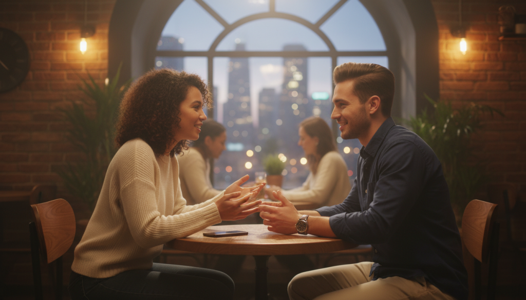 A romantic scene depicting a Gemini couple deep in an engaging conversation, showcasing their communicative nature. The foreground features a diverse pair of young adults dressed in smart casual attire, smiling and leaning toward each other, surrounded by a soft, inviting light that highlights their expressions. In the middle, a cozy café setting with warm wooden tables and lush greenery adds a relaxed ambiance, enhancing their connection. The background reveals a blurred cityscape, signifying the vibrant life of Gemini. The overall mood is warm and intimate, emphasizing the importance of communication in love. Soft, diffused lighting creates a dreamy atmosphere, with a shallow depth of field to focus on the couple's interaction, evoking a sense of harmony and understanding.