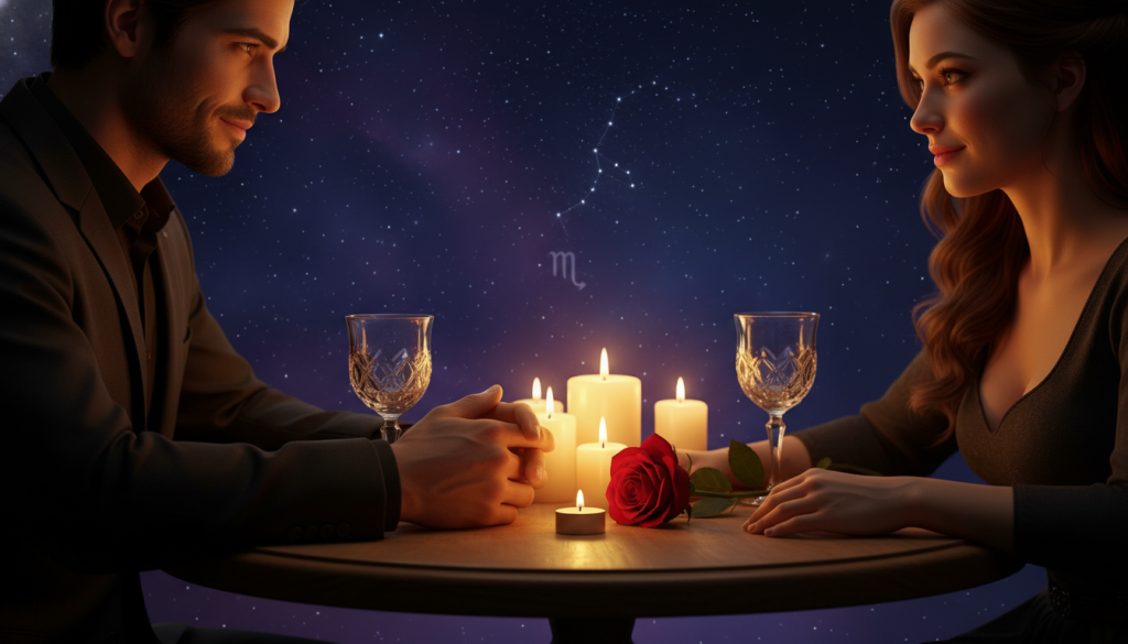 A romantic scene depicting the concept of love language, focusing on Scorpio traits. In the foreground, a couple is gently holding hands, their faces expressing deep emotional connection and understanding. The middle ground features a softly lit table adorned with a single red rose and flickering candles, symbolizing passion and intimacy. In the background, a starry night sky creates a mysterious and enchanting atmosphere, hinting at Scorpio’s enigmatic nature. The lighting is warm and inviting, casting tender shadows that enhance the mood of love and vulnerability. The angle is slightly tilted to suggest intimacy, capturing the essence of emotional depth and connection that Scorpios crave in love.