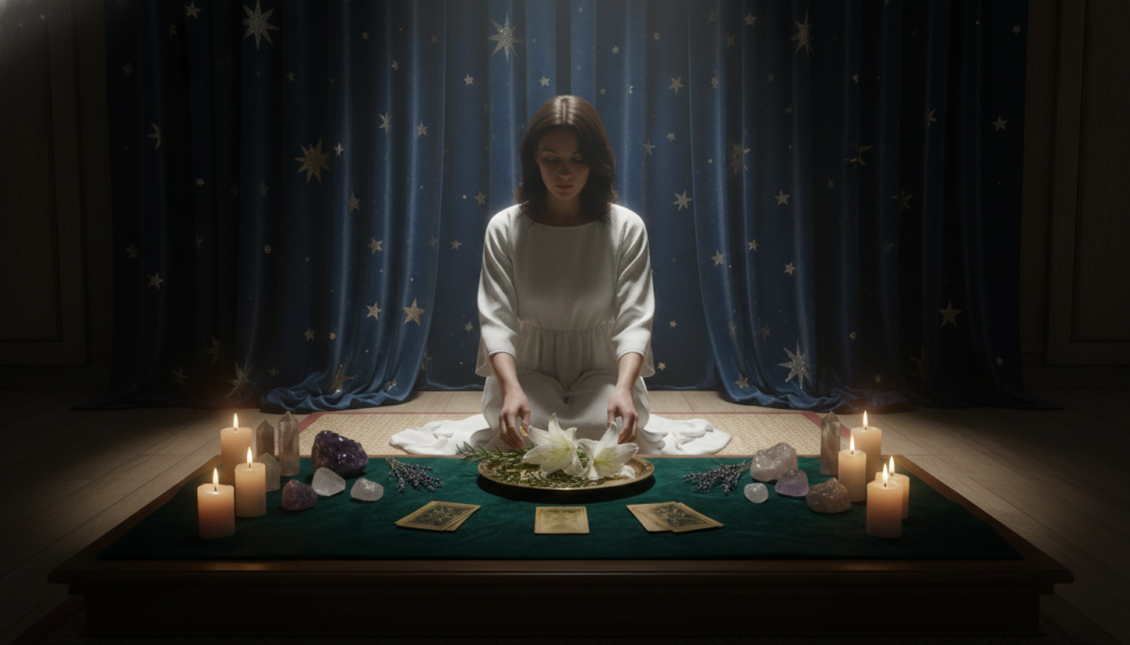 A serene altar ritual scene set in a softly lit, sacred space. In the foreground, a beautifully adorned wooden altar draped with rich, emerald green velvet, featuring candles flickering gently. Scattered tarot cards and crystals glisten in the warm candlelight. In the middle, a figure in modest, flowing white robes kneels before the altar, carefully arranging offerings of fresh flowers and herbs. The background reveals a backdrop of lush, deep blue curtains that hang gracefully, hinting at stars twinkling in the night sky. The atmosphere is tranquil and mystical, evoking a sense of spiritual focus and connection to the energies of prosperity. A gentle spotlight emphasizes the altar, casting soft shadows that enhance the sacred ambiance. The overall mood is one of reverence and peace, inviting viewers into this ritual preparation.