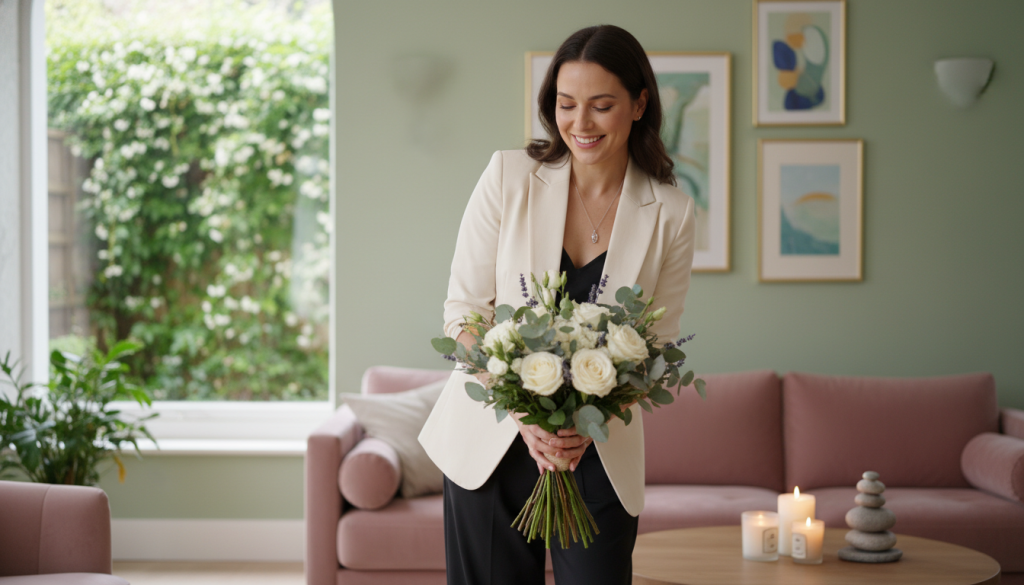 A serene and charming scene capturing a Libra's expression of love in daily life. In the foreground, a poised individual with a warm smile engages in a thoughtful gesture, perhaps offering a beautifully arranged bouquet of flowers. They are dressed in elegant, professional attire, exuding grace and confidence. In the middle ground, a cozy living space is visible, adorned with soft, ambient lighting, and artistic decorations that reflect harmony and balance—think of softly glowing candles and a gentle, inviting color palette. The background shows a lush garden through a window, symbolizing growth and connection. The atmosphere is tranquil and affectionate, inviting the viewer to feel the warmth of Libra's love. Use a soft focus lens to create a dreamy effect, enhancing the mood of tenderness and care.