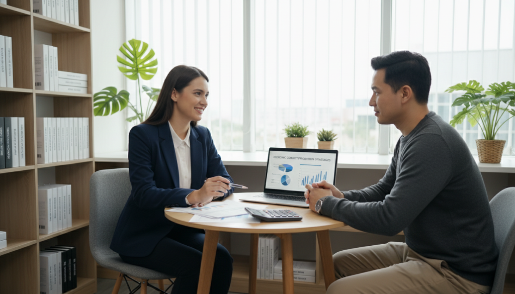 A serene and constructive atmosphere in a modern office setting, featuring two people engaged in a thoughtful financial discussion. The foreground showcases a small round table with documents, a calculator, and a laptop open, highlighting strategies to prevent economic conflicts. In the middle, a woman in professional attire, smiling, holds a pen and gestures toward the documents, while a man in smart casual clothing listens attentively, nodding. The background includes shelves filled with books on finance, plants for a touch of freshness, and large windows allowing soft, natural lighting to illuminate the scene. The overall mood is cooperative and optimistic, emphasizing teamwork in financial decision-making.