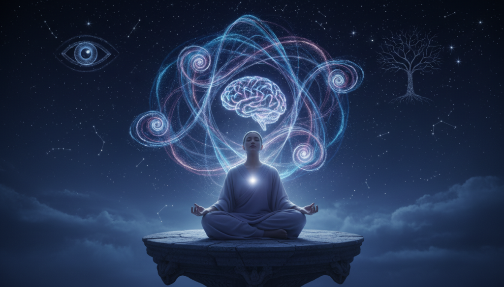A serene and contemplative scene depicting the concept of "mente" in a celestial setting. In the foreground, a tranquil figure, dressed in modest, flowing robes, is seated in meditation, radiating peace. Their posture suggests a deep connection to their thoughts. The middle ground features ethereal, swirling patterns of light and energy that represent conscious thought and mental clarity. The background is a starry night sky with soft, glimmering constellations, symbolizing wisdom and infinite potential. The lighting is soft and ambient, with a cool color palette of blues and purples, creating a calm and introspective atmosphere. A low angle adds depth, inviting the viewer to connect with the scene's tranquility and depth of thought.