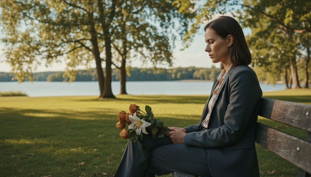 A serene and contemplative scene depicting the emotional exhaustion caused by excessive giving. In the foreground, a woman in professional attire sits on a park bench, her posture slightly slumped, with a distant gaze that conveys her weariness. She holds a bouquet of wilted flowers, symbolizing her drained energy. The middle ground reveals a serene park environment, with soft green grass and gently swaying trees, allowing sunlight to filter through the leaves, casting dappled shadows. In the background, a calm lake mirrors the clear blue sky, further enhancing the peaceful atmosphere. The lighting is warm and soft, creating a tranquil yet melancholic mood, perfect for reflecting deep emotional themes. The angle captures the woman's profile, showcasing her introspective state while maintaining an overall sense of tranquility. A serene and contemplative scene depicting the emotional exhaustion caused by excessive giving. In the foreground, a woman in professional attire sits on a park bench, her posture slightly slumped, with a distant gaze that conveys her weariness. She holds a bouquet of wilted flowers, symbolizing her drained energy. The middle ground reveals a serene park environment, with soft green grass and gently swaying trees, allowing sunlight to filter through the leaves, casting dappled shadows. In the background, a calm lake mirrors the clear blue sky, further enhancing the peaceful atmosphere. The lighting is warm and soft, creating a tranquil yet melancholic mood, perfect for reflecting deep emotional themes. The angle captures the woman's profile, showcasing her introspective state while maintaining an overall sense of tranquility.