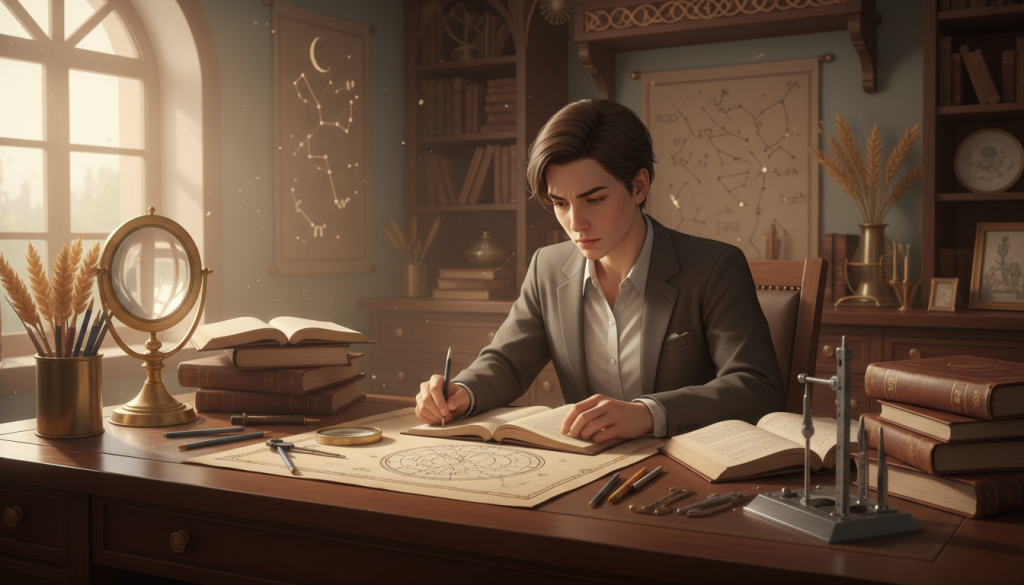 A serene and contemplative scene depicting the essence of Virgo's perfectionism. In the foreground, a meticulously organized desk showcases neatly arranged stationery and a half-finished sketch of a celestial map. The middle ground features a focused individual in professional attire, sitting with a slight frown, surrounded by open books and tools reflecting analytical traits—like a magnifying glass and a precision ruler. The background reveals a softly lit study room with whimsical Virgo-themed decor, such as constellations and intricate designs, illuminating the space with a warm glow. Soft, natural light filters through a window, casting gentle shadows that enhance the atmosphere of introspection and diligence. The mood conveys a sense of yearning for perfection and the internal struggle associated with it, emphasizing the complexity of Virgo's character.