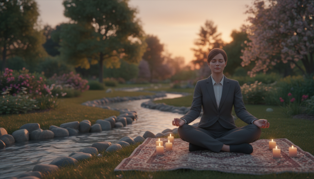 A serene and contemplative scene depicting the essence of silence and conscious communication. In the foreground, a tranquil figure dressed in professional business attire sits cross-legged on a soft, textured mat, eyes closed in meditation, surrounded by softly glowing candles. The middle layer features a gentle stream of flowing water, symbolizing the flow of thoughts and words, with smooth, rounded stones placed along the edges, creating a harmonious atmosphere. In the background, a lush garden with tall trees and blooming flowers provides a sense of tranquility, bathed in warm, golden light from a setting sun. The overall mood is peaceful, inviting introspection and a deep connection to the importance of silence and mindful communication. The composition should evoke feelings of calm and reflection, with soft focus enhancing the ethereal quality of the scene.