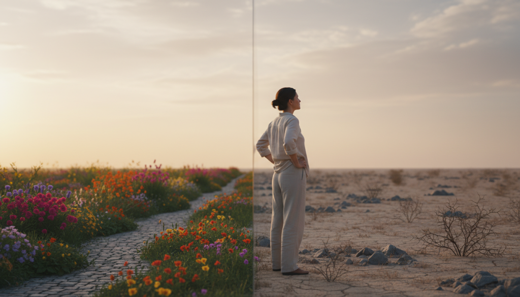 A serene and contemplative setting showcasing a person standing at a clear boundary, symbolizing the theme of healthy limits. In the foreground, a person in modest casual clothing gazes thoughtfully into the distance, their posture relaxed yet assertive. In the middle ground, a gentle division of two contrasting landscapes: one side lush and vibrant with colorful flowers, and the other side stark and barren, representing the balance between nurturing and enforcing boundaries. The background features a tranquil sky, softly illuminated by warm, diffused sunlight, creating a peaceful atmosphere. The overall mood is reflective and introspective, evoking a sense of self-discovery and the importance of maintaining healthy limits in life. The composition uses a soft focus with a slight depth of field to emphasize the subject.