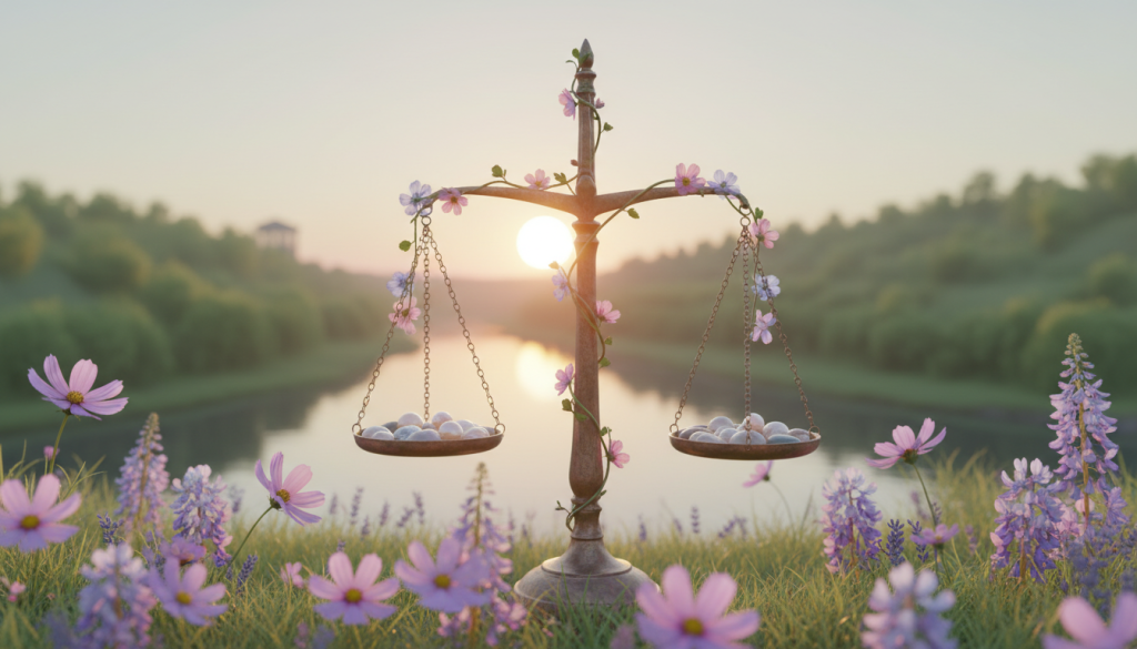 A serene and elegant depiction of harmony, featuring a balanced scale symbolizing equilibrium, surrounded by soothing pastel colors, soft greens, and gentle violets. In the foreground, delicate flowers bloom, representing Libra's connection to nature and beauty. The middle ground showcases a tranquil landscape with a calm river reflecting the sky, symbolizing fluidity and peace. In the background, a majestic sunset casts warm golden light across the scene, creating a cozy atmosphere. Use a soft focus lens to enhance the dreamy quality, capturing the essence of balance and tranquility. The overall mood should evoke feelings of calmness and balance, ideal for illustrating the concept of harmony associated with Libra.