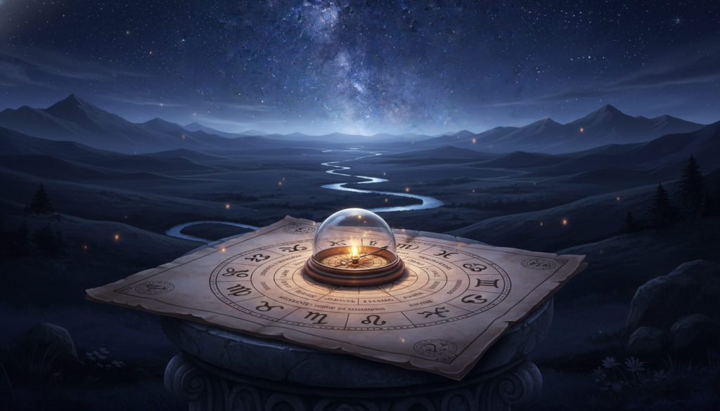 A serene and enchanting depiction of a night sky filled with stars, symbolizing the concept of "hora de nacimiento." In the foreground, a beautifully detailed astrological chart with the twelve zodiac signs prominently displayed. The middle ground should feature a softly glowing compass, pointing to various astrological houses under the starlit sky. In the background, a silhouette of a peaceful landscape with gentle hills, mountains, and a flowing river, illuminated by moonlight. The lighting should create a mystical atmosphere, with soft glows and shadows enhancing the depth of the scene. The composition should evoke a sense of wonder and introspection, inviting viewers to contemplate the significance of time and place in their birth chart.