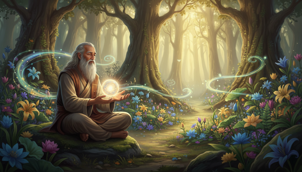 A serene and enchanting scene illustrating the concept of transforming karma into growth tools. In the foreground, a wise-looking sage, dressed in modest, flowing clothing, is seated cross-legged on a rock, holding a glowing orb representing positive energy. In the middle ground, vibrant plants and flowers are blooming, symbolizing growth and renewal, while softly swirling patterns of light and energy surround them. In the background, a mystical forest with towering trees and soft sunlight filtering through the branches creates a peaceful atmosphere. The lighting is warm and ethereal, casting gentle shadows that add depth. The overall mood is uplifting and transformative, encouraging introspection and enlightenment.