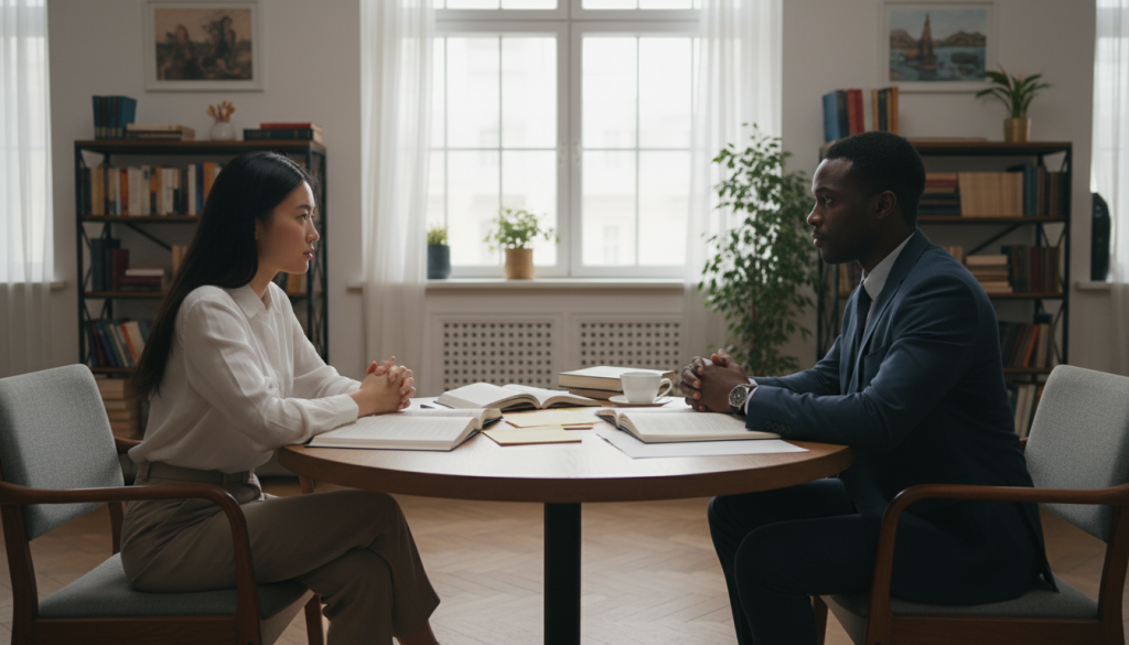 A serene and engaging intellectual connection between two diverse individuals in a bright, modern study filled with books and art. In the foreground, a thoughtful woman of Asian descent, dressed in smart casual attire, sits across from a focused man of African descent in a tailored suit. They are engaged in a deep conversation, leaning slightly forward, eyes locked in curiosity and understanding. The middle of the scene features an inviting round wooden table scattered with open books, notes, and a steaming cup of tea, symbolizing shared ideas. In the background, large windows allow natural sunlight to fill the room, highlighting shelves filled with books and a soft potted plant, creating a warm, inspiring atmosphere. The mood reflects a profound and vibrant exchange of thoughts, emphasizing the importance of intellectual connection. A serene and engaging intellectual connection between two diverse individuals in a bright, modern study filled with books and art. In the foreground, a thoughtful woman of Asian descent, dressed in smart casual attire, sits across from a focused man of African descent in a tailored suit. They are engaged in a deep conversation, leaning slightly forward, eyes locked in curiosity and understanding. The middle of the scene features an inviting round wooden table scattered with open books, notes, and a steaming cup of tea, symbolizing shared ideas. In the background, large windows allow natural sunlight to fill the room, highlighting shelves filled with books and a soft potted plant, creating a warm, inspiring atmosphere. The mood reflects a profound and vibrant exchange of thoughts, emphasizing the importance of intellectual connection.
