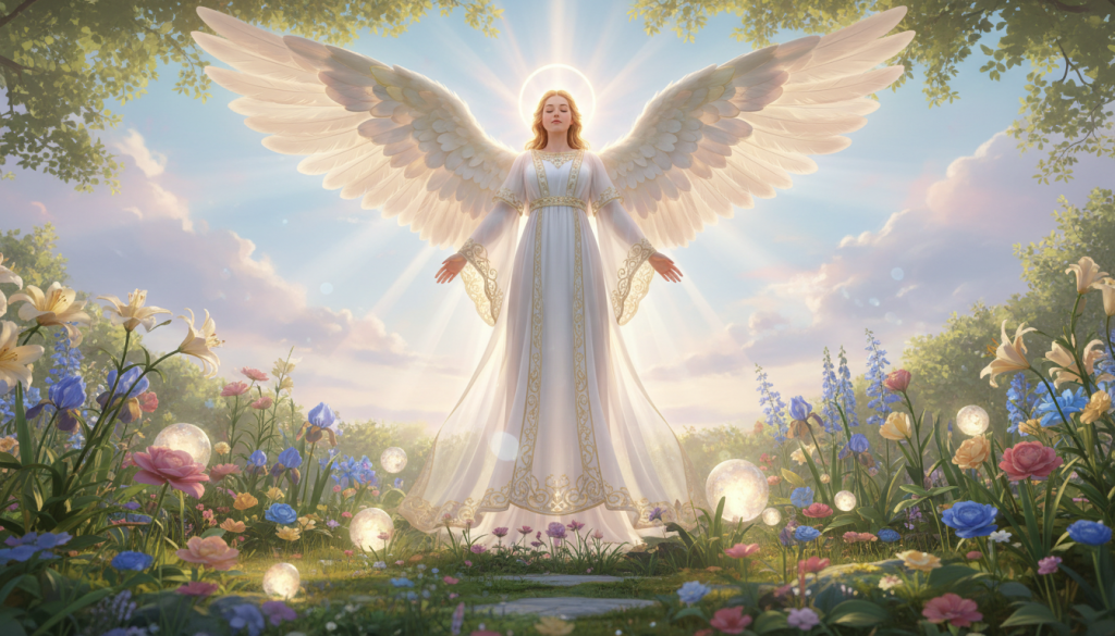 A serene and ethereal angelic presence fills the scene, with a luminous figure draped in flowing, soft white robes adorned with delicate golden accents. The foreground features the angel, standing gracefully with outstretched wings, exuding a gentle halo of light that bathes the area in a warm, calming glow. In the middle ground, a tranquil garden with vibrant flowers and lush greenery symbolizes harmony and protection, dotted with soft, radiant orbs of light. The background reveals a soft-focus sky at dawn, painted in gentle pastels that enhance the serene mood. The scene is illuminated by soft, diffused sunlight filtering through the leaves, creating an atmosphere of peace and spirituality, inviting viewers to connect with their inner guidance. The angle captures the angel slightly from below, emphasizing their majesty and presence. A serene and ethereal angelic presence fills the scene, with a luminous figure draped in flowing, soft white robes adorned with delicate golden accents. The foreground features the angel, standing gracefully with outstretched wings, exuding a gentle halo of light that bathes the area in a warm, calming glow. In the middle ground, a tranquil garden with vibrant flowers and lush greenery symbolizes harmony and protection, dotted with soft, radiant orbs of light. The background reveals a soft-focus sky at dawn, painted in gentle pastels that enhance the serene mood. The scene is illuminated by soft, diffused sunlight filtering through the leaves, creating an atmosphere of peace and spirituality, inviting viewers to connect with their inner guidance. The angle captures the angel slightly from below, emphasizing their majesty and presence.