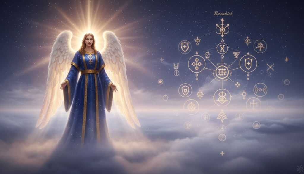 A serene and ethereal image of Barakiel, the angel of protection, depicted as a radiant figure surrounded by a soft, glowing aura. In the foreground, Barakiel stands confidently, adorned in flowing robes of deep blue and gold that shimmer like stars. In the middle ground, a tapestry of celestial symbols and protective sigils weaves through a misty landscape filled with gentle, swirling clouds and hints of soft lavender light. The background features a tranquil night sky, dotted with twinkling stars, creating a celestial ambiance. The lighting should be warm and inviting, emphasizing Barakiel’s nurturing presence. Capture a sense of peace and divine wisdom, evoking feelings of spiritual guidance and reassurance. Use a soft-focus lens effect to enhance the dreamlike quality of the scene.