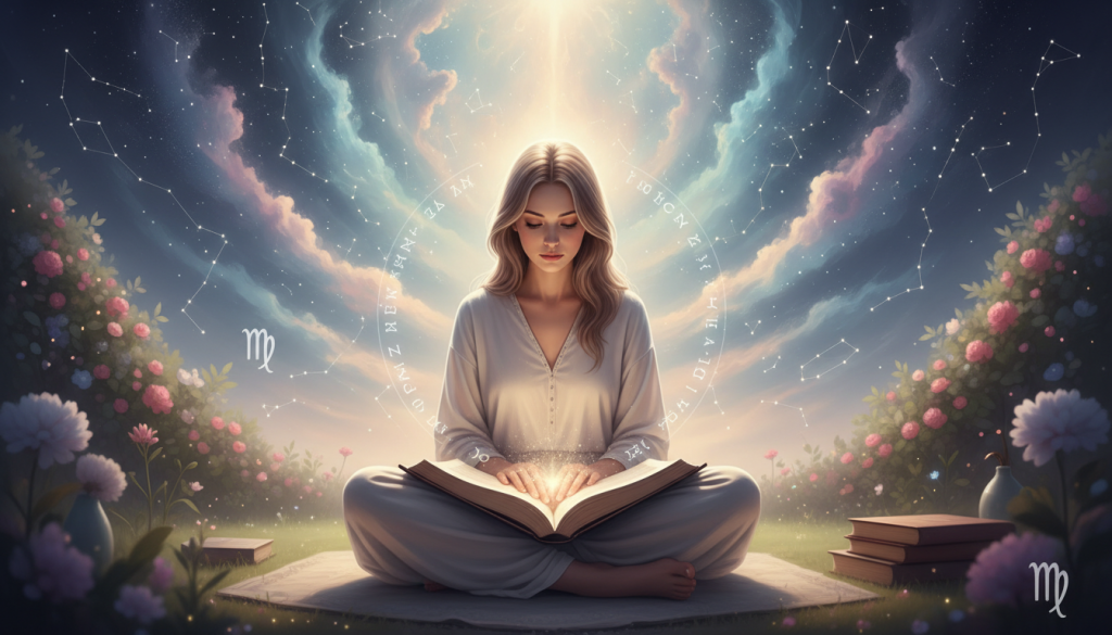 A serene and ethereal representation of Virgo's spiritual purpose, featuring an elegantly dressed figure in modest casual clothing, embodying tranquility and introspection. In the foreground, the person gazes thoughtfully at an open book surrounded by gently glowing celestial symbols, signifying enlightenment and connection to the soul. In the middle ground, soft, swirling clouds and stars blend harmoniously, representing the cosmos and the analytical nature of Virgo. The background features a lush garden with subtle hints of the zodiac symbol, conveying growth and self-discovery. The scene is softly illuminated by a gentle, divine light, casting a warm glow, enhancing the peaceful atmosphere. The composition is framed with a wide-angle lens to capture the expansiveness of the universe and the depth of the inner journey.