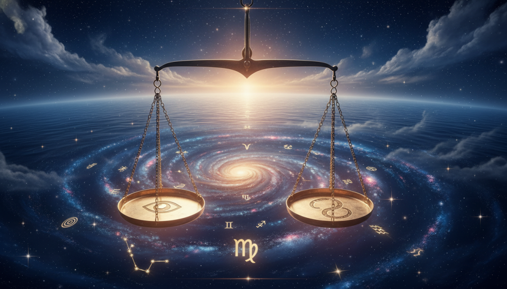 A serene and ethereal representation of karma, featuring a delicate balance scale suspended in the foreground, adorned with ancient symbols of justice and destiny. In the middle, a celestial landscape unfolds, with swirling galaxies and astrological symbols representing Virgo, casting a soft golden light on the scene. The background is filled with a tranquil cosmic ocean, dotted with glowing stars and ethereal wisps of clouds, suggesting the vastness of the universe and the interconnectedness of all beings. The overall mood is contemplative and enlightening, illuminated by gentle, warm light that emphasizes harmony and introspection. Use a wide-angle perspective to capture the depth of the cosmic scene, ensuring a harmonious composition that evokes a sense of understanding and peace.