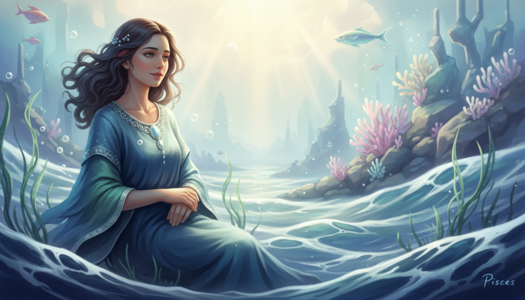 A serene and ethereal representation of the "signo agua," symbolizing the water sign of Pisces. In the foreground, a tranquil figure embodies the characteristics of Pisces, dressed in modest, flowing attire that reflects the fluidity of water. Their expression is contemplative and kind, evoking warmth and empathy. The middle ground features gentle waves softly rippling, adding movement and depth, interspersed with delicate aquatic plants swaying gracefully. In the background, a dreamy underwater scene illuminated by soft, dappled light creates an enchanting atmosphere, with hints of vibrant fish and coral formations. The lighting is soft and diffuse, resembling golden hour, to enhance the soothing and introspective mood of the composition. The overall scene conveys both beauty and emotional depth, inviting viewers to connect with the complexities and challenges of loving a water sign.