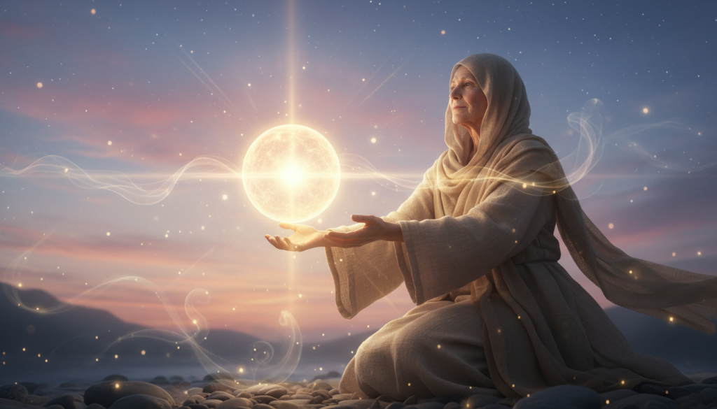 A serene and ethereal scene depicting a soft, glowing light symbolizing spiritual connection. In the foreground, a wise, gentle figure dressed in modest, flowing robes embodies a spiritual guide, arms outstretched as if inviting connection. The middle ground features a luminous orb of light, casting warm, golden rays that radiate tranquility. In the background, a tranquil sky at dusk transitions from soft pastels to deep indigos, dotted with twinkling stars. The scene is infused with a sense of calm and hope, illuminated by gentle, diffused lighting that enhances the spiritual atmosphere. This image evokes feelings of peace and a deep longing for spiritual connection.