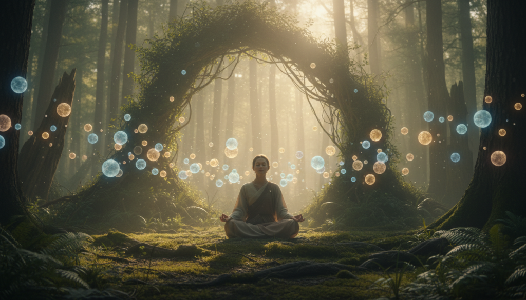 A serene and ethereal scene depicting the connection between mind and soul, centered on a meditative figure sitting cross-legged in a lush, tranquil forest. In the foreground, the figure, clad in modest and flowing robes, is surrounded by softly glowing orbs of light representing thoughts and emotions. The middle ground features intertwined roots and branches symbolizing the connection to nature and higher consciousness. In the background, gentle sunlight filters through the dense canopy, creating a dappled effect on the forest floor, enhancing the mood of peace and introspection. The overall atmosphere is calm and reflective, evoking a sense of spiritual purpose and discernment. Use soft, warm lighting to create an inviting and harmonious ambience.