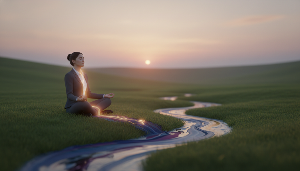 A serene and ethereal scene depicting the process of releasing traumatic energy. In the foreground, a person in modest, professional attire sits cross-legged on a lush green hillside, eyes closed, with a gentle expression of tranquility. Their body radiates soft, luminous energy, symbolizing the release of trauma. In the middle ground, vibrant, swirling colors—blues, purples, and soft golds—emerge from their being and blend with a soft, flowing stream below. The background features a dreamy, hazy sky at sunset, with soft pink and orange hues casting a warm glow over the landscape, enhancing the atmosphere of healing and transformation. The image is captured with a wide-angle lens, emphasizing the expansive nature of the scene, with soft lighting that evokes a sense of peace and hope. A serene and ethereal scene depicting the process of releasing traumatic energy. In the foreground, a person in modest, professional attire sits cross-legged on a lush green hillside, eyes closed, with a gentle expression of tranquility. Their body radiates soft, luminous energy, symbolizing the release of trauma. In the middle ground, vibrant, swirling colors—blues, purples, and soft golds—emerge from their being and blend with a soft, flowing stream below. The background features a dreamy, hazy sky at sunset, with soft pink and orange hues casting a warm glow over the landscape, enhancing the atmosphere of healing and transformation. The image is captured with a wide-angle lens, emphasizing the expansive nature of the scene, with soft lighting that evokes a sense of peace and hope.