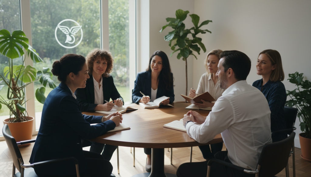 A serene and harmonious indoor setting, featuring a group of diverse professionals engaged in a mindful conversation. In the foreground, two individuals, a man and a woman, are seated at a circular table, leaning in towards each other with warm expressions, embodying active listening. The woman wears a smart blazer, and the man is in a crisp shirt. In the middle ground, other participants at the table are engaged in thoughtful dialogue, with open notebooks and pens. The background showcases soft, diffused lighting, with green plants adding a touch of nature, enhancing the atmosphere of calm and focus. A large window lets in natural light, casting gentle shadows and creating a welcoming space, symbolizing the essence of conscious communication fueled by Mercury’s influence.