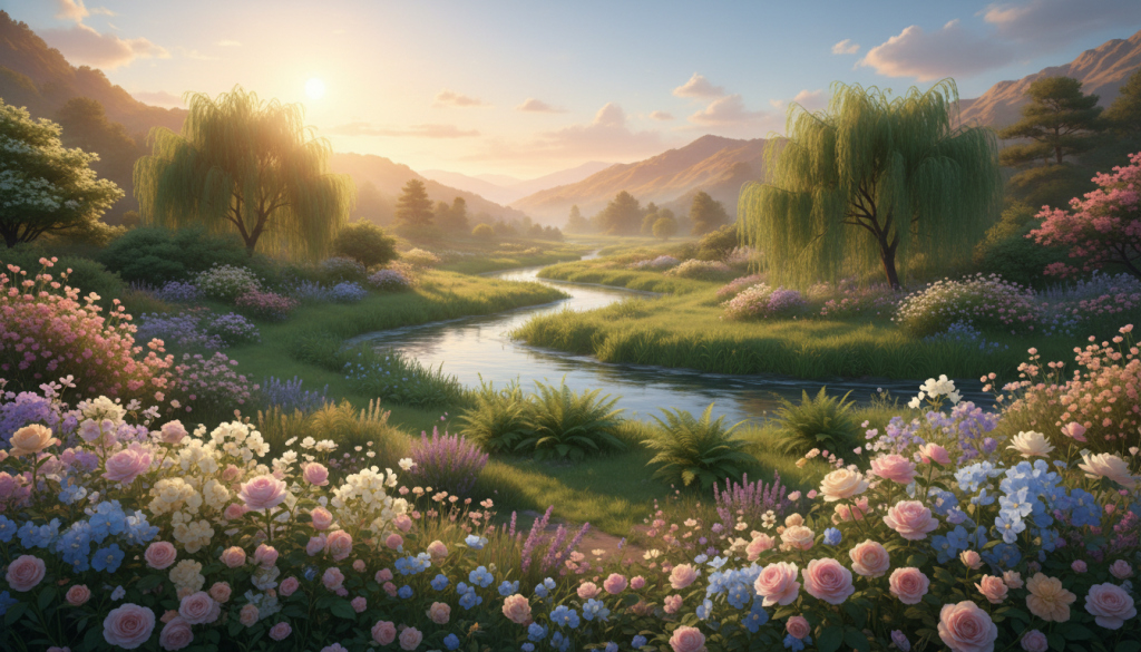 A serene and harmonious landscape symbolizing the essence of balance and beauty. In the foreground, a stunning tranquil garden filled with vibrant flowers in soft pastel colors, representing Venus's influence on harmony. In the middle ground, a gently flowing stream that reflects the clear blue sky, bordered by lush greenery, inviting a sense of calm. The background features soft rolling hills, fading into a warm sunset with hues of orange and pink, creating a peaceful ambiance. The lighting is soft and diffused, reminiscent of golden hour, enhancing the overall mood of tranquility and serenity. The composition is artfully arranged to evoke a sense of emotional balance and harmony, capturing the essence of Venus’s role in the search for peace.