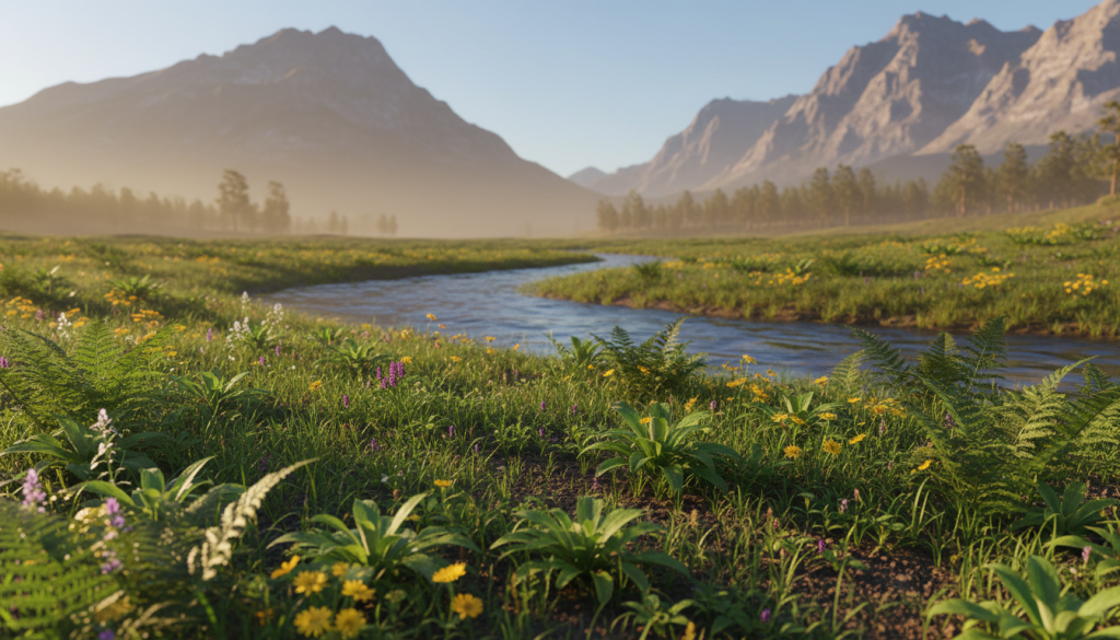 A serene and harmonious landscape symbolizing the power of earth, showcased in a lush, verdant foreground of rich soil, vibrant green plants, and delicate wildflowers. In the middle, a gently flowing stream reflects the soft, warm light of a late afternoon sun, illuminating the scene with golden hues. In the background, majestic mountains rise under a clear blue sky, embodying stability and strength. The atmosphere feels grounded and tranquil, inviting contemplation and connection to nature. The scene is captured with soft focus, emphasizing the foreground details, while the lighting casts gentle shadows for depth. A soft breeze rustles the leaves, enhancing the peaceful mood of this grounding ritual setting.