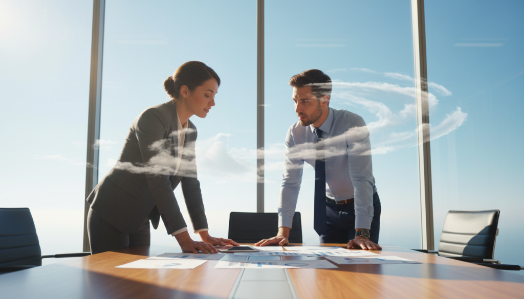 A serene and harmonious office space, emphasizing the concept of air signs in finance. In the foreground, a professional businesswoman and businessman, both dressed in smart attire, engage in a collaborative discussion over a large wooden table covered with financial documents and charts. The middle ground features an elegant display of ethereal, flowing air motifs—like soft clouds or light breezes—that symbolize the influence of air signs like Gemini, Libra, and Aquarius. The background reveals large windows with a view of a clear blue sky, allowing natural light to flood the room, creating an uplifting atmosphere. The soft, diffused lighting enhances the friendly yet professional ambiance, while the perspective focuses on the interaction between the two figures, capturing the essence of teamwork and shared financial insights.