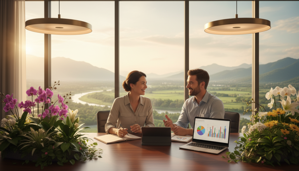 A serene and harmonious office space filled with natural light, featuring two professionals in modest business attire engaged in a collaborative discussion. In the foreground, a polished wooden table holds a vibrant arrangement of blooming plants, symbolizing growth and abundance. The middle ground showcases the two characters, a man and a woman, smiling and exchanging ideas while surrounded by open notebooks and a laptop displaying infographics. The background reveals large windows overlooking a lush green landscape, reinforcing a sense of prosperity and connection to nature. Soft, warm lighting emanates from stylish overhead fixtures, creating a welcoming atmosphere that inspires creativity and partnership, emphasizing the importance of relationships in attracting abundance.