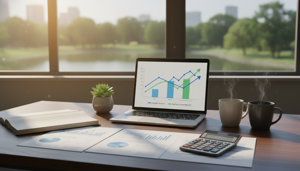 A serene and harmonious office space symbolizing economic harmony in a relationship. In the foreground, there is a beautifully arranged table with elegant financial documents, a calculator, and a small potted plant for a touch of nature. In the middle ground, an open laptop displays graphs showing financial growth and compatibility, alongside a pair of coffee mugs signifying partnership. The background features a large window with soft, natural light streaming in, illuminating the room with a warm glow. The atmosphere is calm and focused, evoking a sense of collaboration and balance, essential for financial compatibility in relationships. The scene should be captured from a slightly elevated angle, giving a comprehensive view of the workspace while maintaining a professional look.