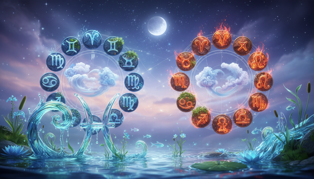 A serene and harmonious representation of the twelve zodiac signs, each symbolized by their respective elements: water, fire, earth, and air. In the foreground, a tranquil Pisces symbol intertwined with flowing water and aquatic plants, showcasing the element of water with soft, reflective surfaces. The middle layer features the remaining zodiac signs, each artistically depicted within their elemental themes, radiating a sense of unity and balance. The background should have a dreamy, ethereal quality, with soft pastels blending into a starry night sky, suggesting the mystical connections among the signs. Use soft, diffused lighting to create an inviting atmosphere, capturing the essence of abundance and harmony, shot from a slightly elevated angle to encompass the entire composition.