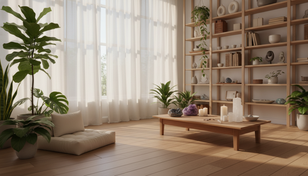 A serene and harmonious room filled with natural light, designed to release stagnant energy. In the foreground, a cozy corner features a soft, plush meditation cushion surrounded by lush green plants, symbolizing growth and renewal. In the middle, a sleek wooden table is adorned with crystals and candles, creating a focal point for energy concentration. Light streams in through large windows adorned with flowing sheer curtains, casting gentle shadows on the wooden floor. In the background, elegantly arranged shelves display books and artifacts that evoke tranquility and clarity. The atmosphere is one of calmness and empowerment, inviting the viewer to reflect on their own energy and space. The lighting is soft and warm, enhancing the peaceful ambiance, captured with a wide-angle lens to emphasize depth and openness. A serene and harmonious room filled with natural light, designed to release stagnant energy. In the foreground, a cozy corner features a soft, plush meditation cushion surrounded by lush green plants, symbolizing growth and renewal. In the middle, a sleek wooden table is adorned with crystals and candles, creating a focal point for energy concentration. Light streams in through large windows adorned with flowing sheer curtains, casting gentle shadows on the wooden floor. In the background, elegantly arranged shelves display books and artifacts that evoke tranquility and clarity. The atmosphere is one of calmness and empowerment, inviting the viewer to reflect on their own energy and space. The lighting is soft and warm, enhancing the peaceful ambiance, captured with a wide-angle lens to emphasize depth and openness.