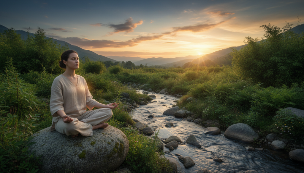 A serene and harmonious scene capturing the essence of "equilibrio interior." In the foreground, a tranquil figure in modest casual clothing sits cross-legged on a smooth stone, eyes closed in meditation, emanating a sense of peace. The middle ground features lush greenery, symbolizing growth and vitality, with soft, flowing water creating a gentle soundscape. The background showcases a serene sunset, blending warm hues of orange and cool blues, casting a delicate light that bathes the scene in tranquility. The perspective is slightly elevated, allowing for a panoramic view of the landscape that enhances the feeling of spaciousness and harmony. The overall atmosphere is calm and reflective, inviting viewers into a moment of introspection and balance.
