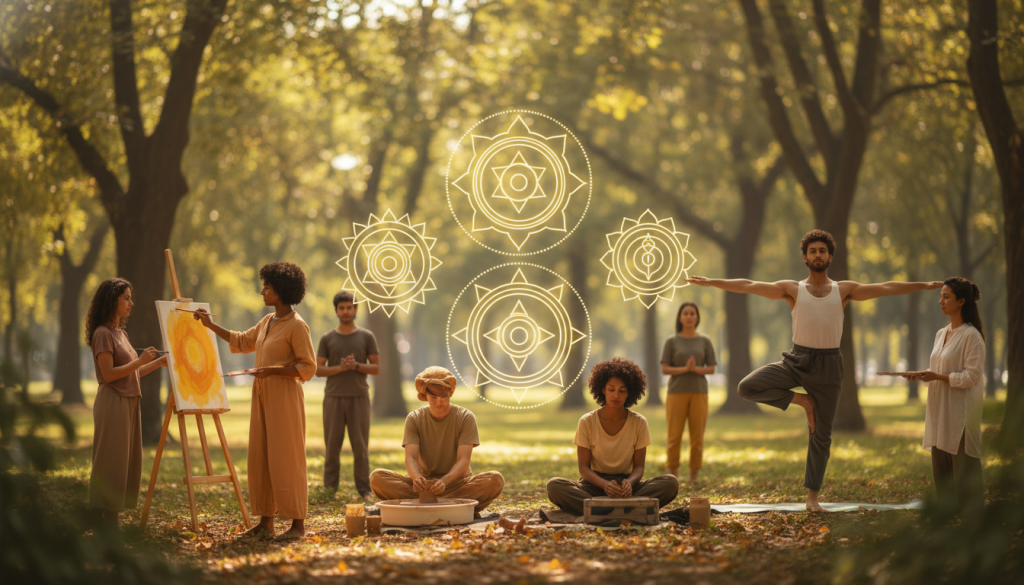 A serene and harmonious scene depicting creative activities to balance the solar plexus chakra. In the foreground, a diverse group of individuals in modest casual clothing (various ethnicities and genders) engaged in artistic expressions like painting, pottery, and yoga. In the middle ground, colorful chakra symbols radiate soft golden light, symbolizing energy and creativity. The background features a peaceful outdoor setting with gentle sunlight filtering through lush trees, casting dappled shadows. The atmosphere is calm and inspiring, inviting feelings of balance and inner peace. The scene should have an uplifting and warm color palette, enhancing the overall mood of creativity and harmony. Soft focus on the background with a slightly shallow depth of field for a more intimate feel.