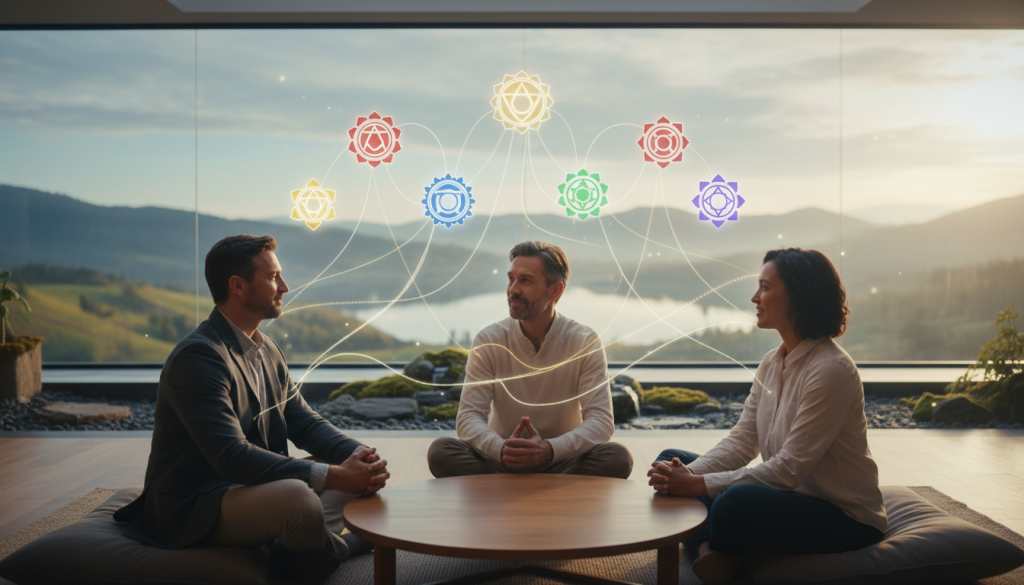 A serene and harmonious scene depicting the concept of "communication balance" set in a tranquil space. In the foreground, a diverse group of three professional individuals, dressed in smart casual attire, are engaged in a deep, meaningful conversation, their expressions reflecting understanding and empathy. In the middle, vibrant chakra symbols float gently around them, connected with soft glowing lines representing energy flow. The background features a softly lit, serene landscape with subtle hues of blue and green, evoking a sense of calm and tranquility. The lighting is warm and natural, casting gentle shadows and creating an inviting atmosphere. The composition invites viewers to feel the importance of communication in achieving personal equilibrium. A serene and harmonious scene depicting the concept of "communication balance" set in a tranquil space. In the foreground, a diverse group of three professional individuals, dressed in smart casual attire, are engaged in a deep, meaningful conversation, their expressions reflecting understanding and empathy. In the middle, vibrant chakra symbols float gently around them, connected with soft glowing lines representing energy flow. The background features a softly lit, serene landscape with subtle hues of blue and green, evoking a sense of calm and tranquility. The lighting is warm and natural, casting gentle shadows and creating an inviting atmosphere. The composition invites viewers to feel the importance of communication in achieving personal equilibrium.