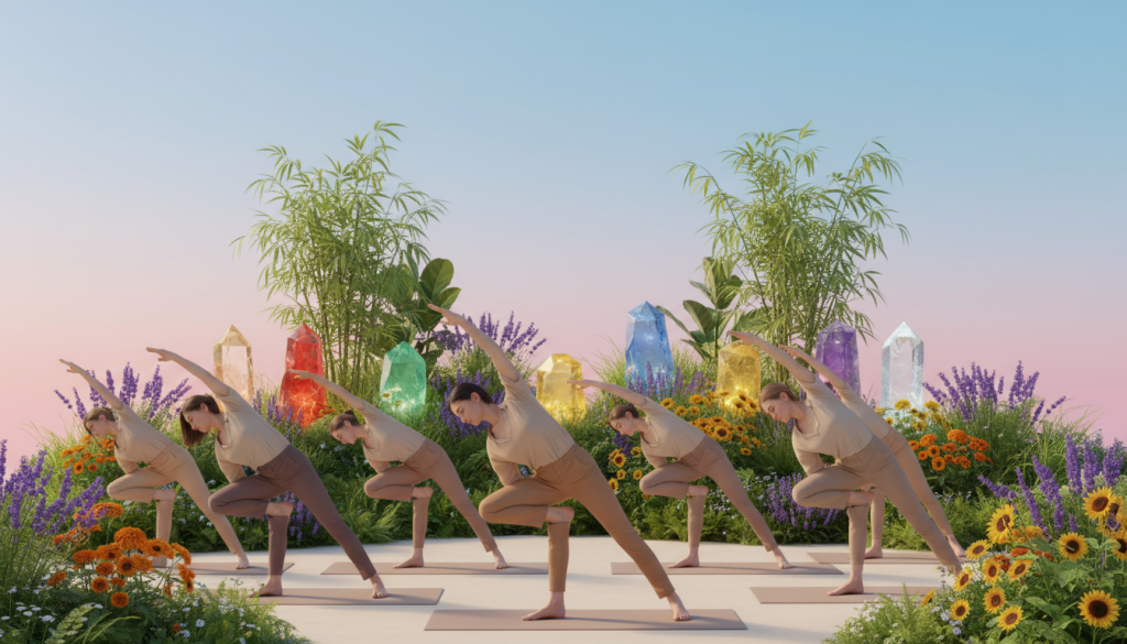 A serene and harmonious scene illustrating the concept of "energía bienestar." In the foreground, a diverse group of individuals, dressed in modest, business-casual attire, practice gentle yoga poses, symbolizing balance and wellness. In the middle ground, lush green plants and colorful flowers create a vibrant environment, while crystal gemstones representing various chakras are strategically placed around them, radiating gentle light. The background features a soothing gradient sky transitioning from soft pinks to calming blues, suggesting the dawn of a new day, filled with hope and renewal. The lighting is warm and inviting, emphasizing a peaceful atmosphere, as sunlight filters through the foliage, casting soft shadows. The overall mood reflects tranquility, balance, and the essence of daily well-being practices.