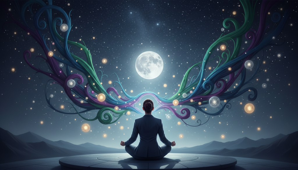 A serene and harmonious scene representing the relationship between decisions and energy. In the foreground, a person in professional attire, sitting cross-legged and meditating, surrounded by swirling, colorful energy flows embodying different choices. These vibrant patterns blend hues of blue, green, and purple, symbolizing the Aquarian chakra. In the middle ground, soft, ethereal orbs of light float around the figure, representing positive energy and clarity. The background features a tranquil, starry night sky, hinting at the depth and expansiveness of the universe, bathed in a calming, soft moonlight. The composition evokes a sense of peace and introspection, with a focus on connectivity and balance. Use soft-focused lighting to enhance the tranquil atmosphere. A serene and harmonious scene representing the relationship between decisions and energy. In the foreground, a person in professional attire, sitting cross-legged and meditating, surrounded by swirling, colorful energy flows embodying different choices. These vibrant patterns blend hues of blue, green, and purple, symbolizing the Aquarian chakra. In the middle ground, soft, ethereal orbs of light float around the figure, representing positive energy and clarity. The background features a tranquil, starry night sky, hinting at the depth and expansiveness of the universe, bathed in a calming, soft moonlight. The composition evokes a sense of peace and introspection, with a focus on connectivity and balance. Use soft-focused lighting to enhance the tranquil atmosphere.