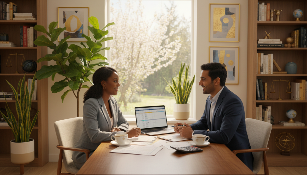 A serene and harmonious setting depicting financial compatibility between a Libra couple. In the foreground, a diverse couple dressed in professional business attire sits at a table adorned with financial documents, a laptop, and a calculator, smiling as they discuss their finances. The middle ground features a large window with soft natural light streaming in, illuminating a stylishly decorated room with plants and modern decor. In the background, shelves filled with books on finance and art create a sense of balance and knowledge. The mood is optimistic and collaborative, with warm colors and gentle shadows enhancing the atmosphere of teamwork and understanding in achieving financial harmony.