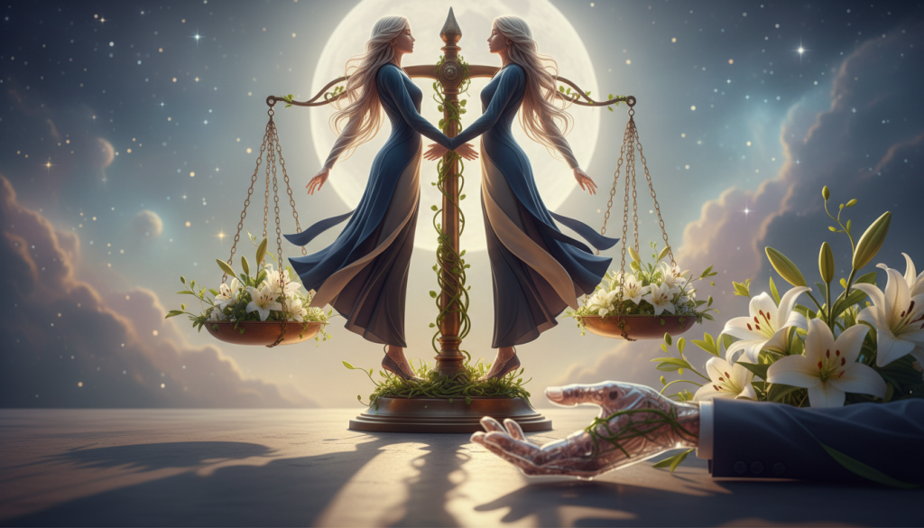A serene and harmonious setting depicting two intertwined figures representing relationships, standing on a delicate balance scale that symbolizes Libra. The foreground features a close-up of their hands reaching towards each other, adorned with natural elements like flowers and leaves to emphasize connection and growth. In the middle ground, soft and warm lighting casts gentle shadows, creating an inviting atmosphere. The background showcases a blurred celestial backdrop with twinkling stars and a soft moonlight, enhancing the theme of karmic lessons and spiritual bonds. The overall mood is one of tranquility and reflection, evoking the essence of personal connections and the challenges they present. The figures are dressed in elegant, professional attire, embodying a sense of purpose and respect in their interaction.