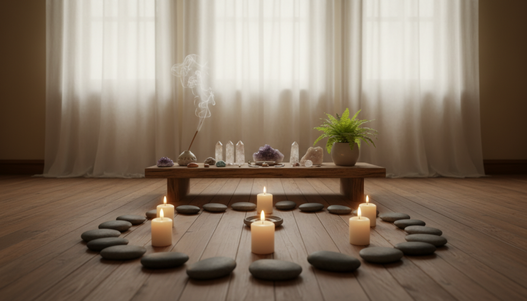 A serene and harmonious space prepared for a ritual, evoking tranquility and focus. In the foreground, a circular arrangement of smooth stones and candles flickering softly, casting warm light. In the middle ground, a wooden table adorned with crystals, incense, and a small potted plant, symbolizing growth and renewal. The background features a softly illuminated window draped with sheer curtains, allowing gentle, natural light to filter in, creating a calming ambiance. The scene is captured with a warm, inviting color palette, using a wide-angle lens to encompass the entire setting. The mood is peaceful and contemplative, perfect for enhancing energy and clarity, with an emphasis on grounding and balance in preparation for the ritual.