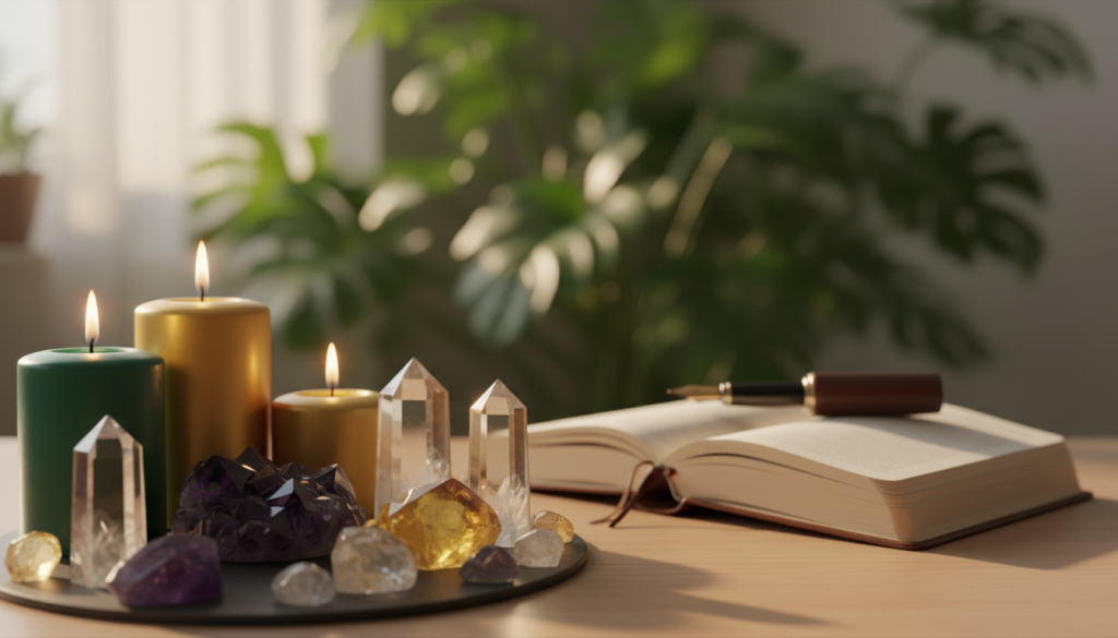 A serene and harmonious workspace designed for energy enhancement and abundance rituals. In the foreground, a beautifully arranged altar features vibrant crystals such as amethyst, citrine, and clear quartz, each casting soft reflections in the warm light. Surrounding the crystals are candles in shades of green and gold, their flames flickering gently. In the middle ground, a journal and a fountain pen suggest documentation of intentions. The background displays a soft-focus of lush plants, symbolizing growth and vitality. The lighting is warm and inviting, creating a tranquil atmosphere that encourages positivity and abundance. The composition should evoke a sense of peace and connection to the earth, hinting at a spiritual practice without any human presence.