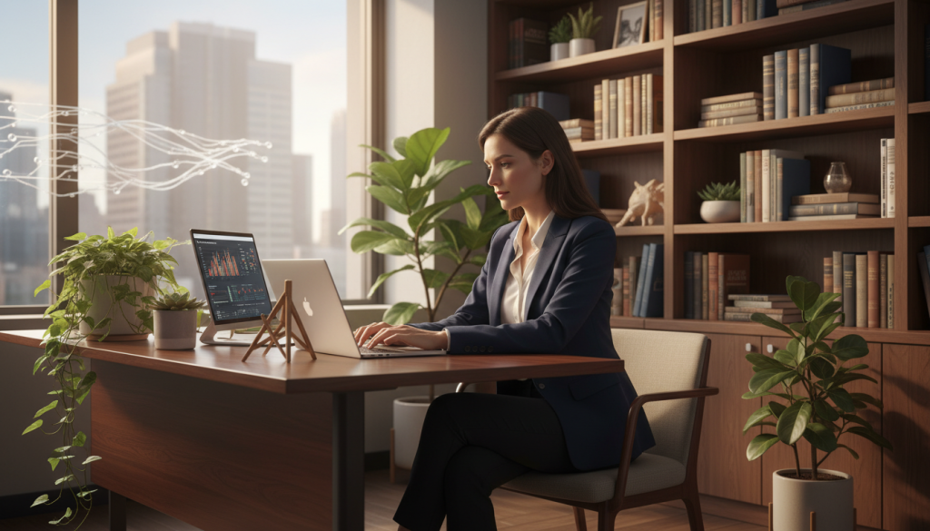 A serene and inspiring office workspace reflecting the theme of resource management with intuition. In the foreground, a professional woman wearing smart business attire is thoughtfully analyzing financial graphs on a sleek laptop, surrounded by potted plants that symbolize growth. In the middle, a large window lets in warm, natural light, illuminating the space; there are hints of a city skyline outside that evoke ambition and success. The background features shelves filled with books on economics and strategy. The overall atmosphere is calm and focused, conveying a sense of strategic planning and intuitive decision-making, with soft shadows enhancing the mood. The image should be captured from a slight angle to add depth, showcasing the woman's concentration and the tools of wealth management.