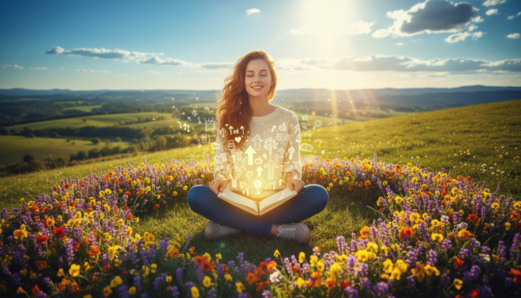 A serene and inspiring representation of "mental prosperity," featuring a young professional woman seated cross-legged on a lush green hilltop, embodying focus and confidence. She has long, flowing hair and is wearing smart casual attire. In her lap rests an open notebook filled with sketches of ideas and goals, radiating a soft golden light. The middle ground showcases vibrant flowers blooming symbolically, signifying growth and abundance. In the background, a bright blue sky with a few fluffy clouds and rays of sunlight streaming down create a hopeful atmosphere. Capture this scene from a slightly elevated angle to emphasize depth and clarity. The overall mood is uplifting, encouraging a sense of empowerment and clarity in cultivating a prosperous mindset.
