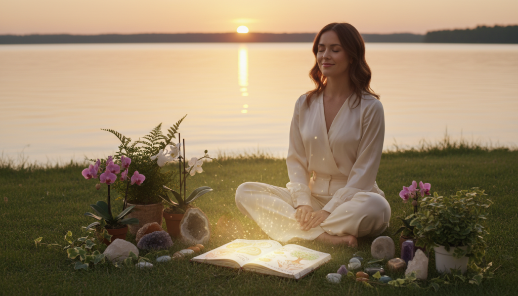 A serene and inspiring scene depicting a person engaged in a creative visualization ritual for abundance. In the foreground, a figure dressed in elegant, modest business attire sits cross-legged on a peaceful, grassy area, eyes gently closed, surrounded by vibrant crystals and lush plants. In the middle, a softly glowing light radiates from an open notebook filled with colorful sketches and inspiring affirmations. The background features a tranquil sunrise over a calm lake, with gentle ripples reflecting hues of gold, orange, and soft pink. The atmosphere is one of serenity and hope, enhanced by soft, warm lighting that evokes a feeling of positivity and abundance. The camera angle captures the entire scene from a slightly elevated perspective, inviting viewers into this moment of creative empowerment.